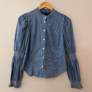 VERONICA BEARD Dalton Gathered Puff Sleeve Denim Jean Shirt Size 6 Button Front